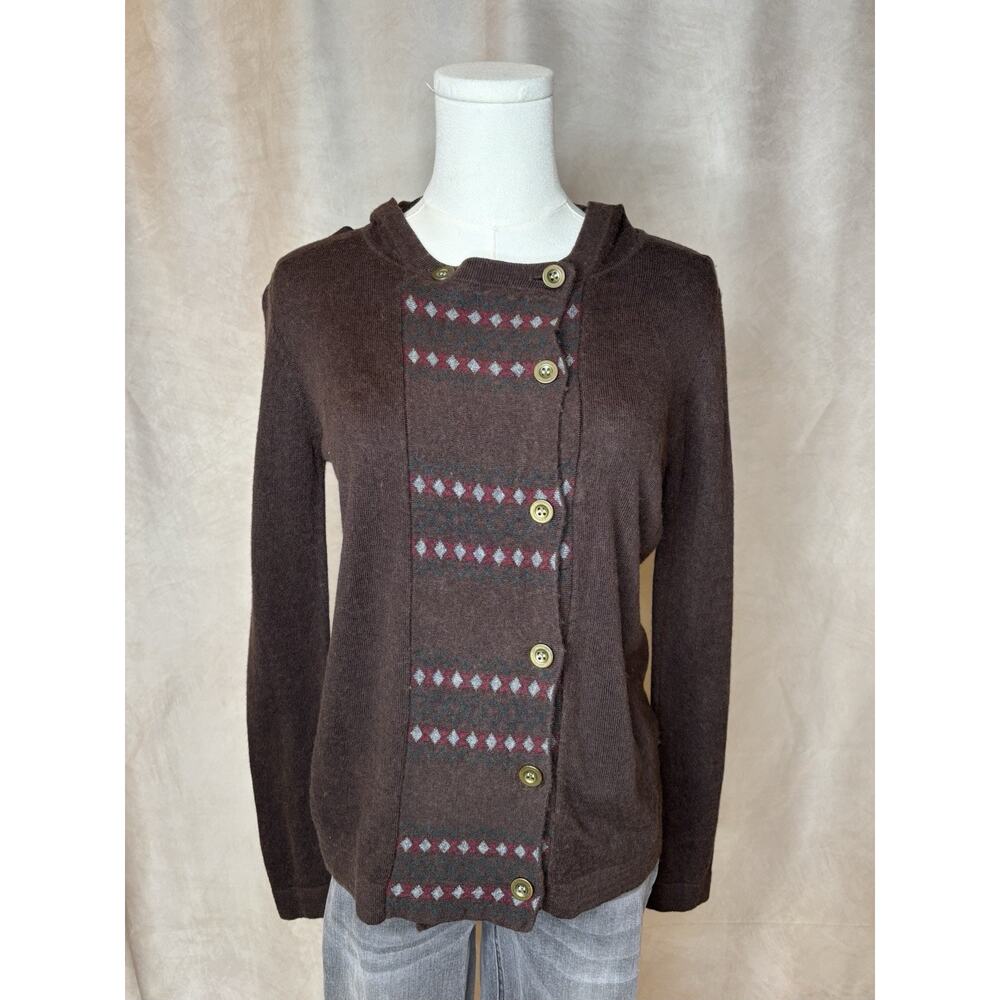 Bloom Brown Hooded Top M Button Front Argyle Knit